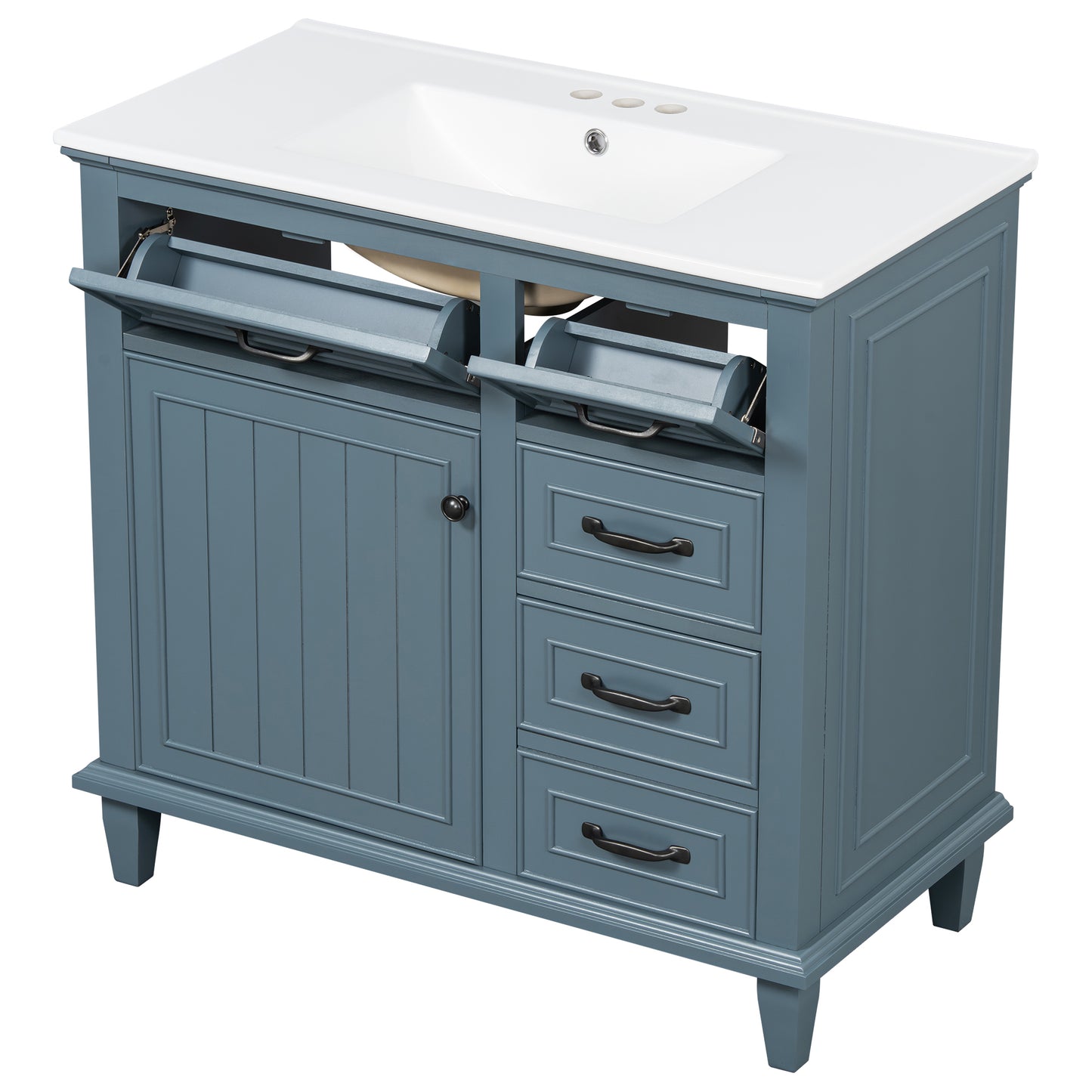 VanityFus 36-in Blue Grey Bathroom Vanity Single Sink Combo Ceramic Top 1 Soft Close Door 4 drawers Undermount Adjustable Shelves