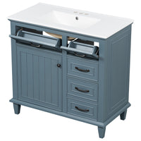 VanityFus 36-in Blue Grey Bathroom Vanity Single Sink Combo Ceramic Top 1 Soft Close Door 4 drawers Undermount Adjustable Shelves