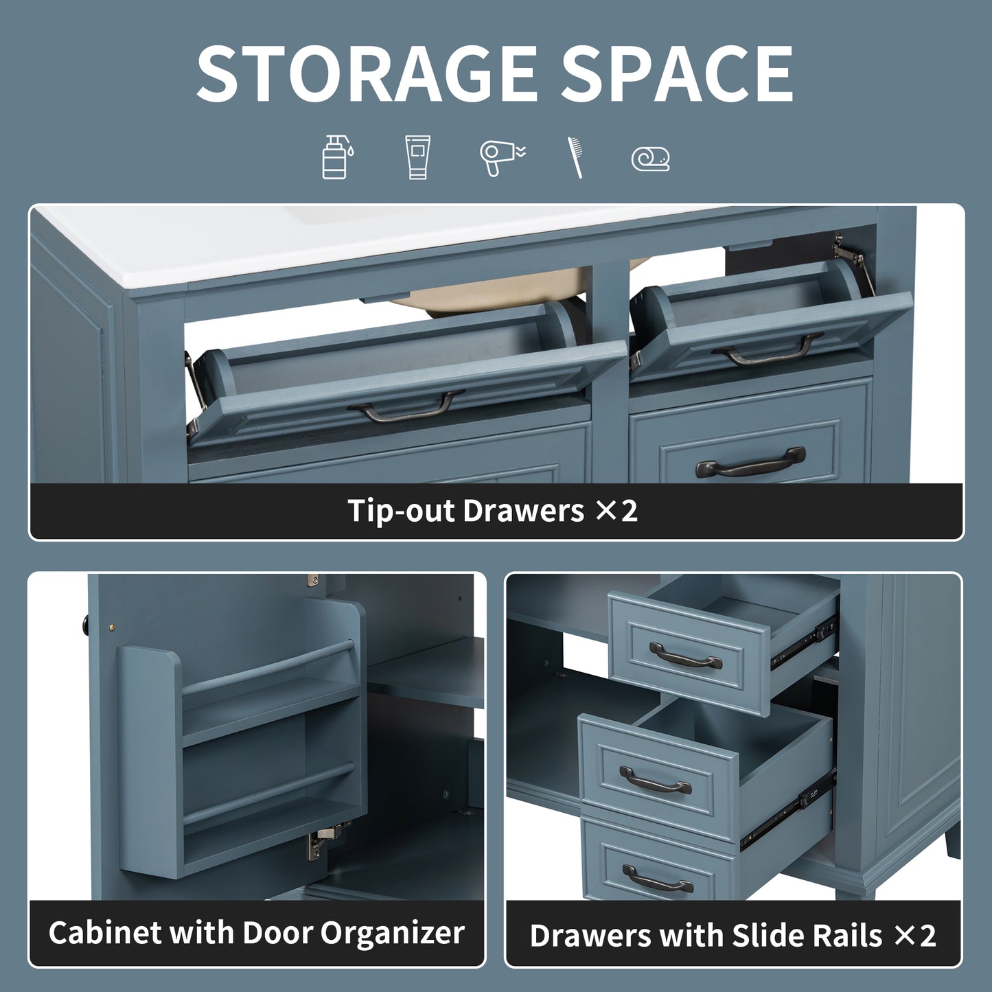 VanityFus 36-in Blue Grey Bathroom Vanity Single Sink Combo Ceramic Top 1 Soft Close Door 4 drawers Undermount Adjustable Shelves