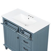 VanityFus 36-in Blue Grey Bathroom Vanity Single Sink Combo Ceramic Top 1 Soft Close Door 4 drawers Undermount Adjustable Shelves