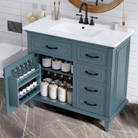 VanityFus 36-in Blue Grey Bathroom Vanity Single Sink Combo Ceramic Top 1 Soft Close Door 4 drawers Undermount Adjustable Shelves
