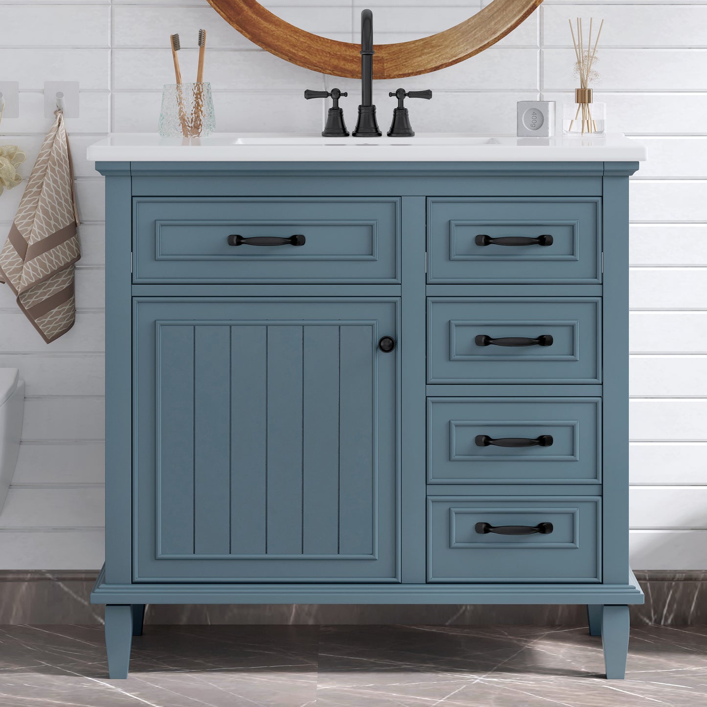 VanityFus 36-in Blue Grey Bathroom Vanity Single Sink Combo Ceramic Top 1 Soft Close Door 4 drawers Undermount Adjustable Shelves
