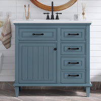 VanityFus 36-in Blue Grey Bathroom Vanity Single Sink Combo Ceramic Top 1 Soft Close Door 4 drawers Undermount Adjustable Shelves