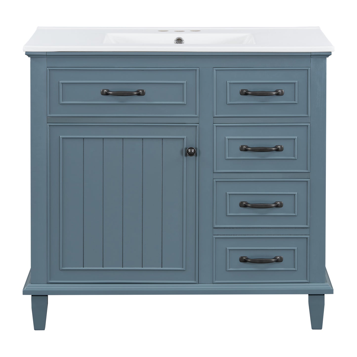 VanityFus 36-in Blue Grey Bathroom Vanity Single Sink Combo Ceramic Top 1 Soft Close Door 4 drawers Undermount Adjustable Shelves