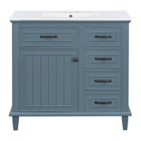 VanityFus 36-in Blue Grey Bathroom Vanity Single Sink Combo Ceramic Top 1 Soft Close Door 4 drawers Undermount Adjustable Shelves