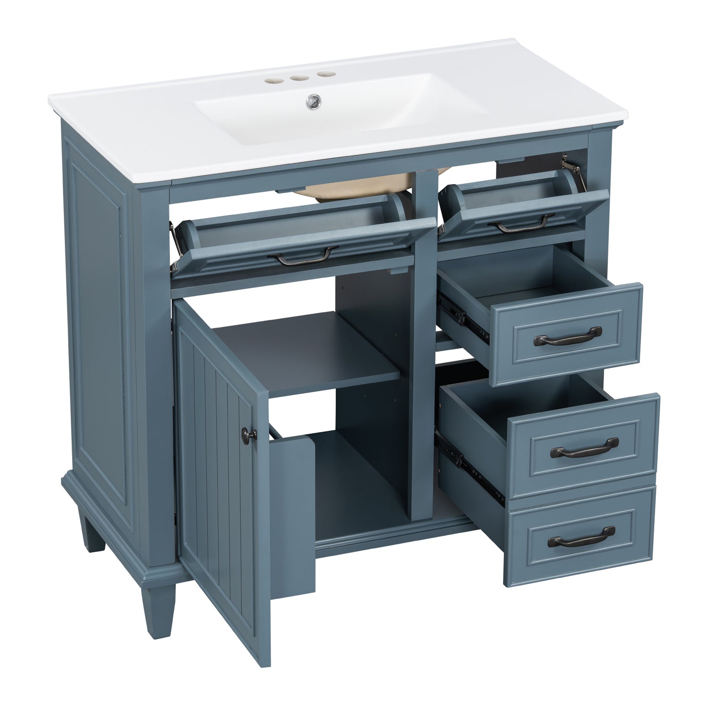 VanityFus 36-in Blue Grey Bathroom Vanity Single Sink Combo Ceramic Top 1 Soft Close Door 4 drawers Undermount Adjustable Shelves