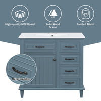 VanityFus 36-in Blue Grey Bathroom Vanity Single Sink Combo Ceramic Top 1 Soft Close Door 4 drawers Undermount Adjustable Shelves