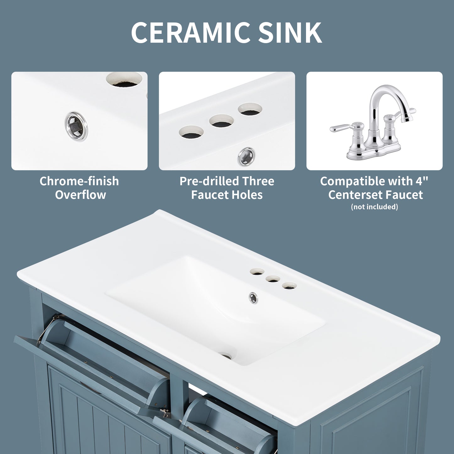 VanityFus 36-in Blue Grey Bathroom Vanity Single Sink Combo Ceramic Top 1 Soft Close Door 4 drawers Undermount Adjustable Shelves