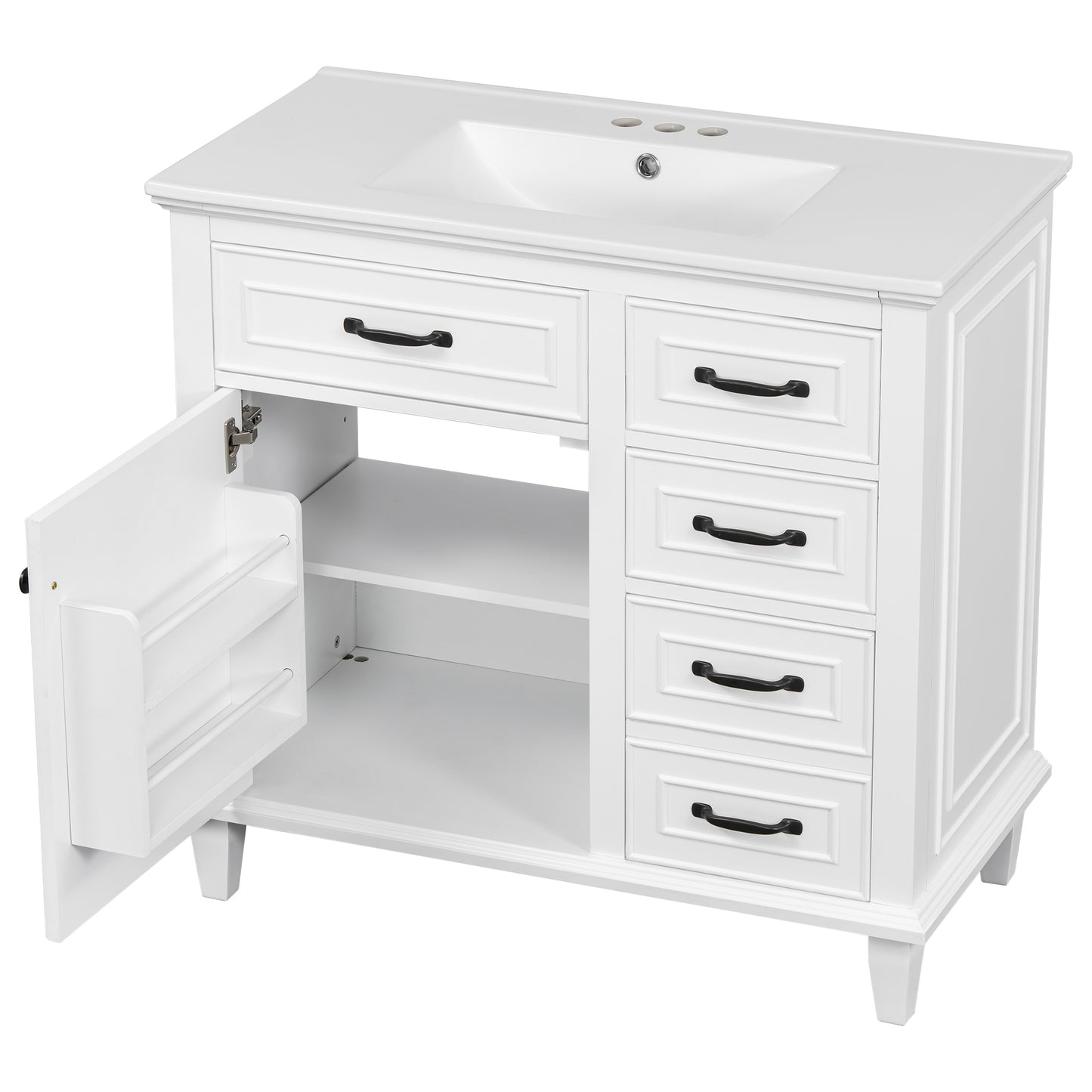 VanityFus 36-in Bathroom Vanity White Single Sink Combo with Ceramic Top 1 Soft Close Door 4 Drawers Adjustable Shelves