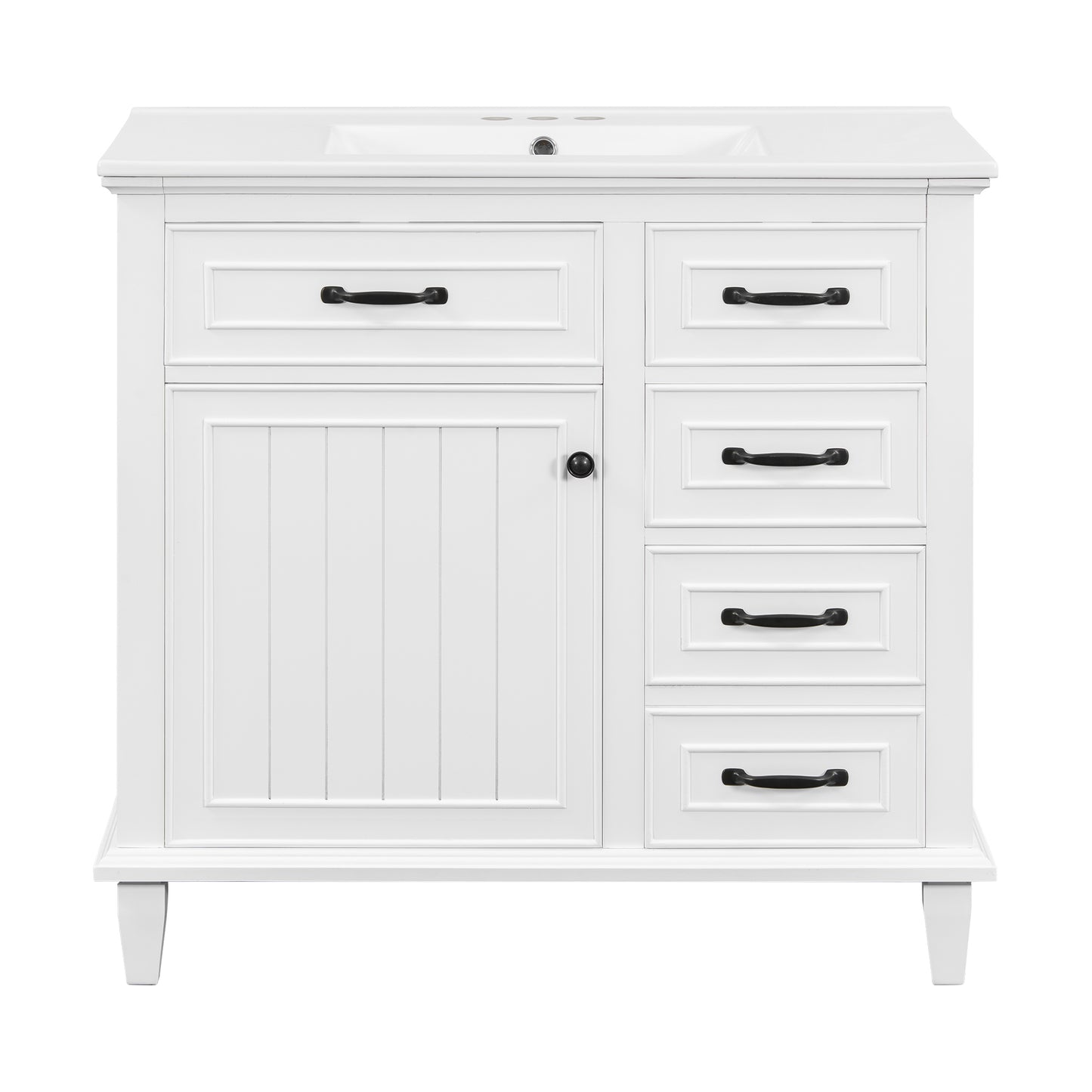 VanityFus 36-in Bathroom Vanity White Single Sink Combo with Ceramic Top 1 Soft Close Door 4 Drawers Adjustable Shelves