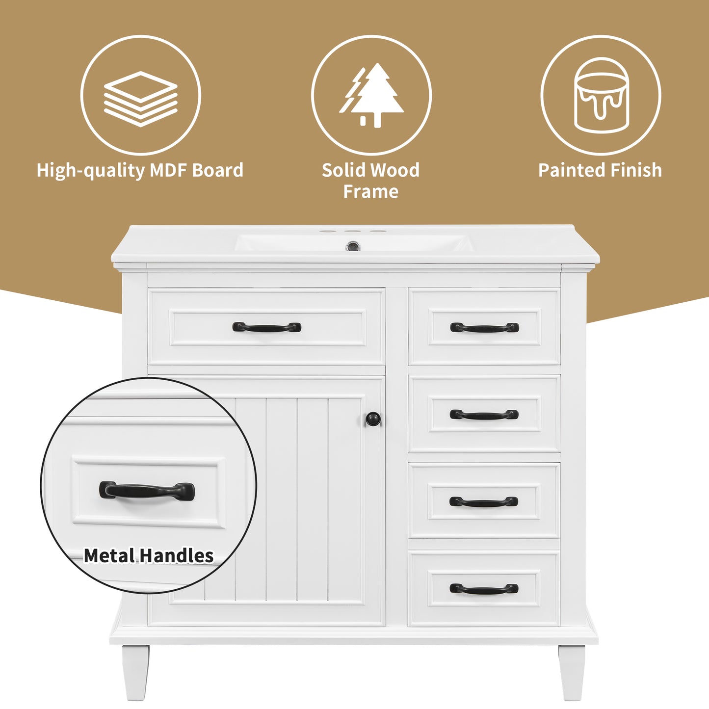 VanityFus 36-in Bathroom Vanity White Single Sink Combo with Ceramic Top 1 Soft Close Door 4 Drawers Adjustable Shelves