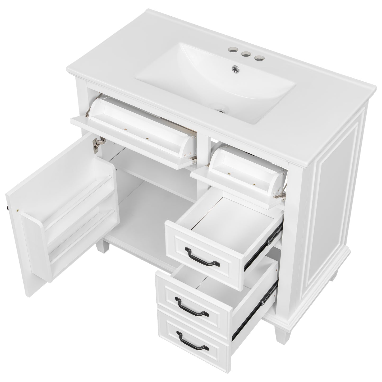 VanityFus 36-in Bathroom Vanity White Single Sink Combo with Ceramic Top 1 Soft Close Door 4 Drawers Adjustable Shelves