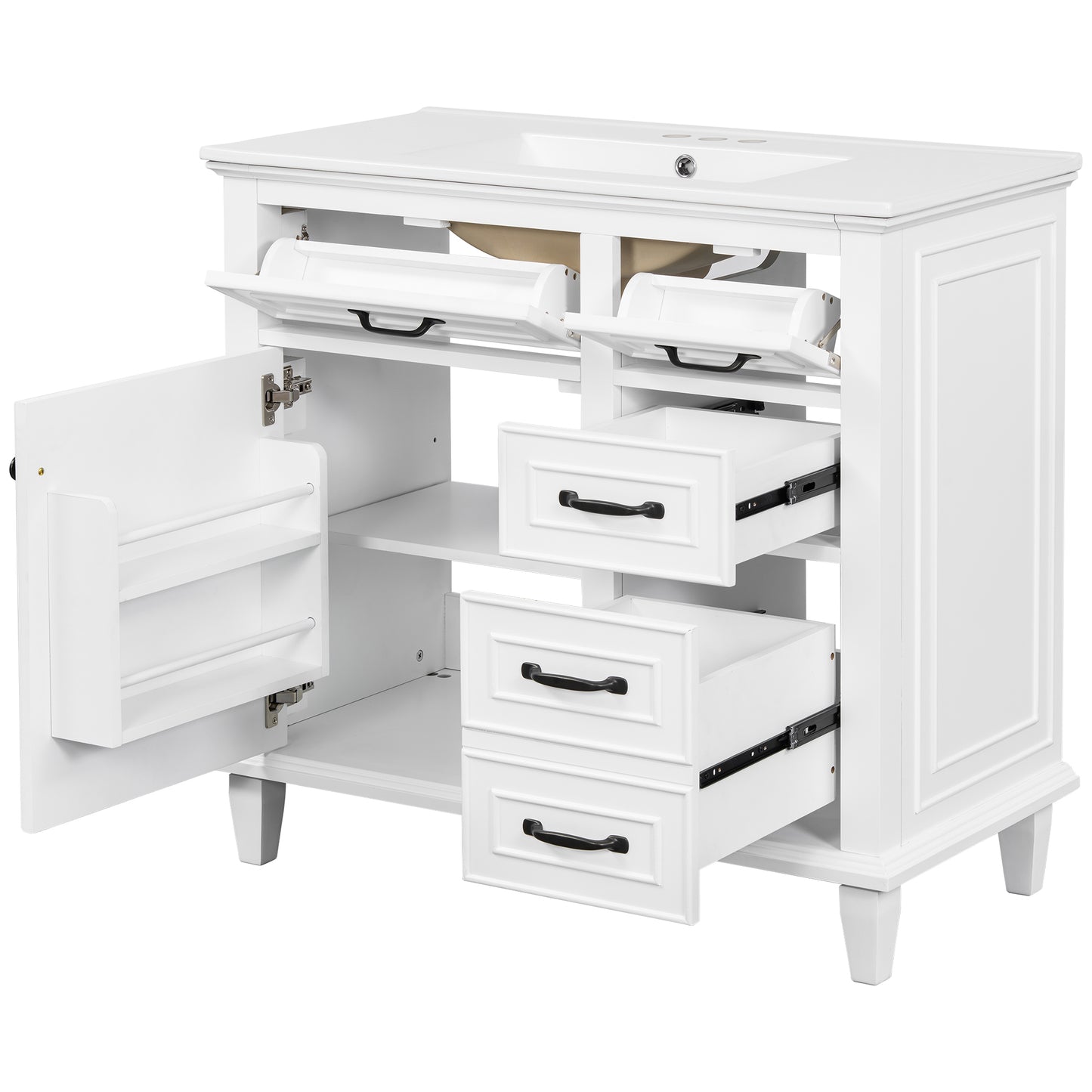VanityFus 36-in Bathroom Vanity White Single Sink Combo with Ceramic Top 1 Soft Close Door 4 Drawers Adjustable Shelves