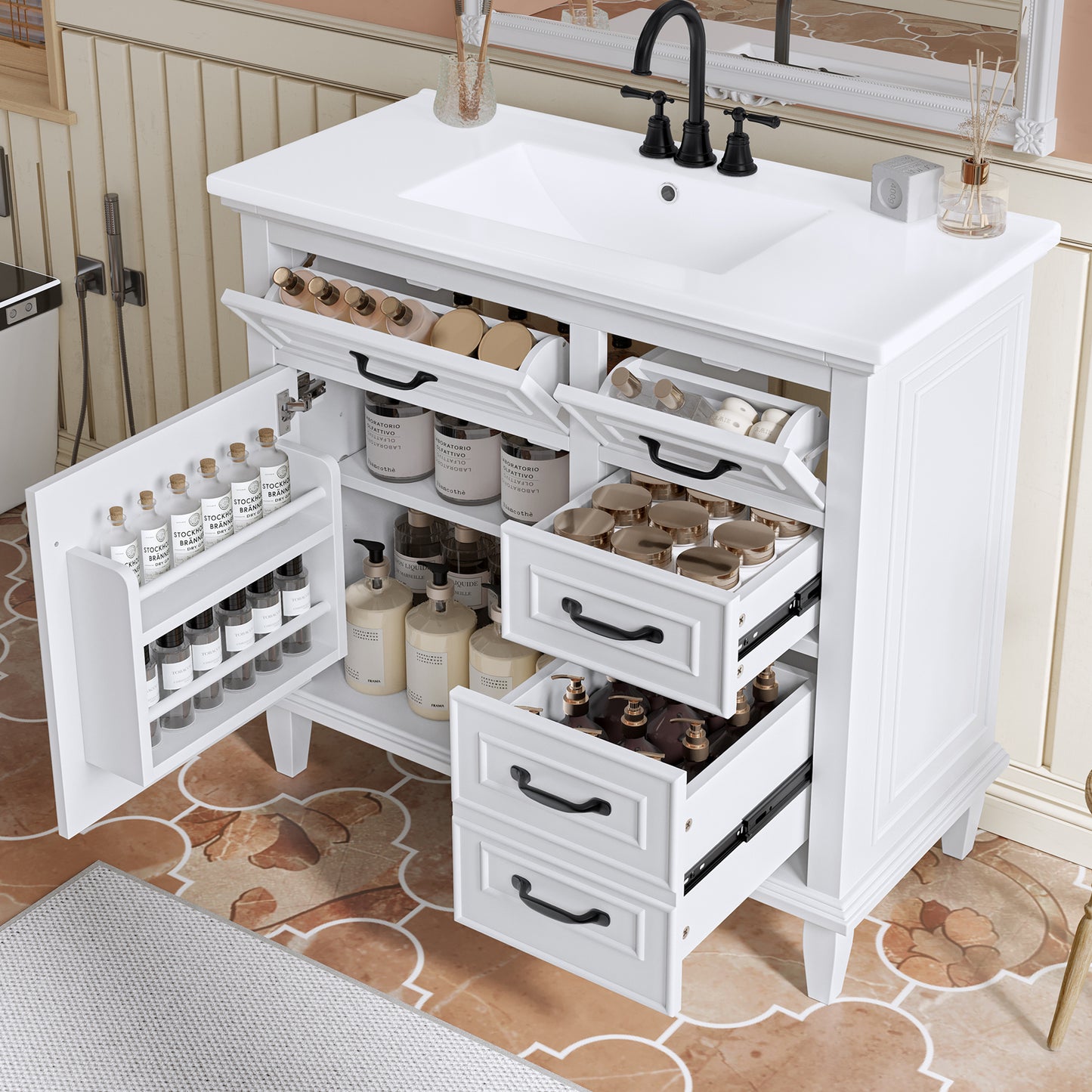 VanityFus 36-in Bathroom Vanity White Single Sink Combo with Ceramic Top 1 Soft Close Door 4 Drawers Adjustable Shelves