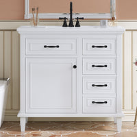 VanityFus 36-in Bathroom Vanity White Single Sink Combo with Ceramic Top 1 Soft Close Door 4 Drawers Adjustable Shelves
