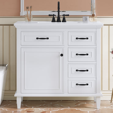 VanityFus 36-in Bathroom Vanity White Single Sink Combo with Ceramic Top 1 Soft Close Door 4 Drawers Adjustable Shelves