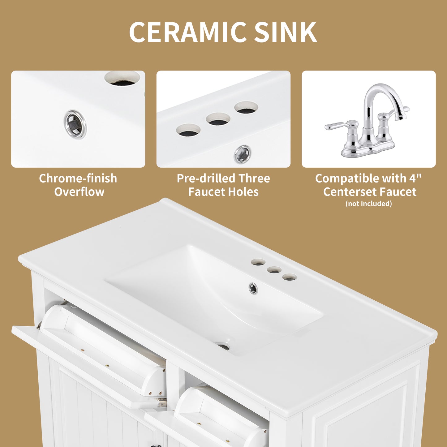 VanityFus 36-in Bathroom Vanity White Single Sink Combo with Ceramic Top 1 Soft Close Door 4 Drawers Adjustable Shelves