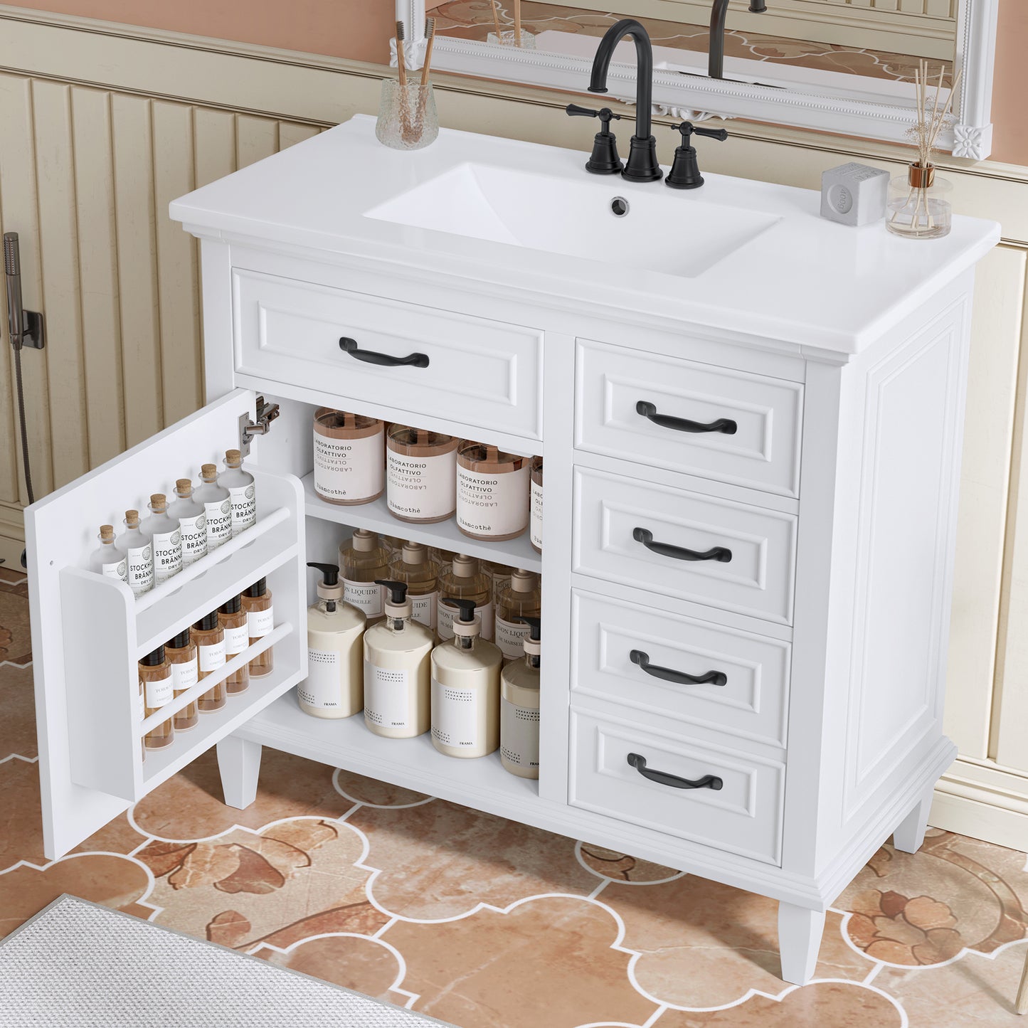 VanityFus 36-in Bathroom Vanity White Single Sink Combo with Ceramic Top 1 Soft Close Door 4 Drawers Adjustable Shelves