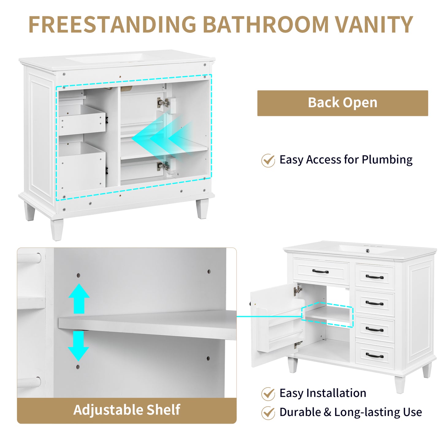 VanityFus 36-in Bathroom Vanity White Single Sink Combo with Ceramic Top 1 Soft Close Door 4 Drawers Adjustable Shelves
