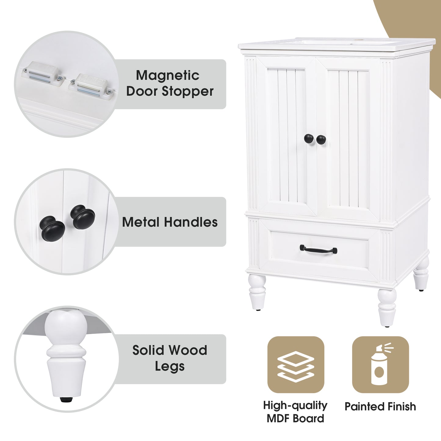 VanityFus 20-in Bathroom Vanity White Single Sink Combo with Ceramic Top 2 Doors 1 Drawer