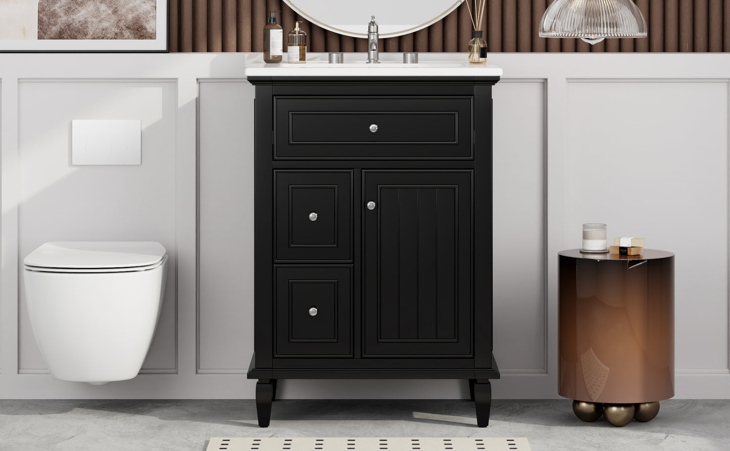 VanityFus 24-in Bathroom Vanity Black Single Sink Combo with Ceramic Top 1 Door 3 Drawers Adjustable Shelves