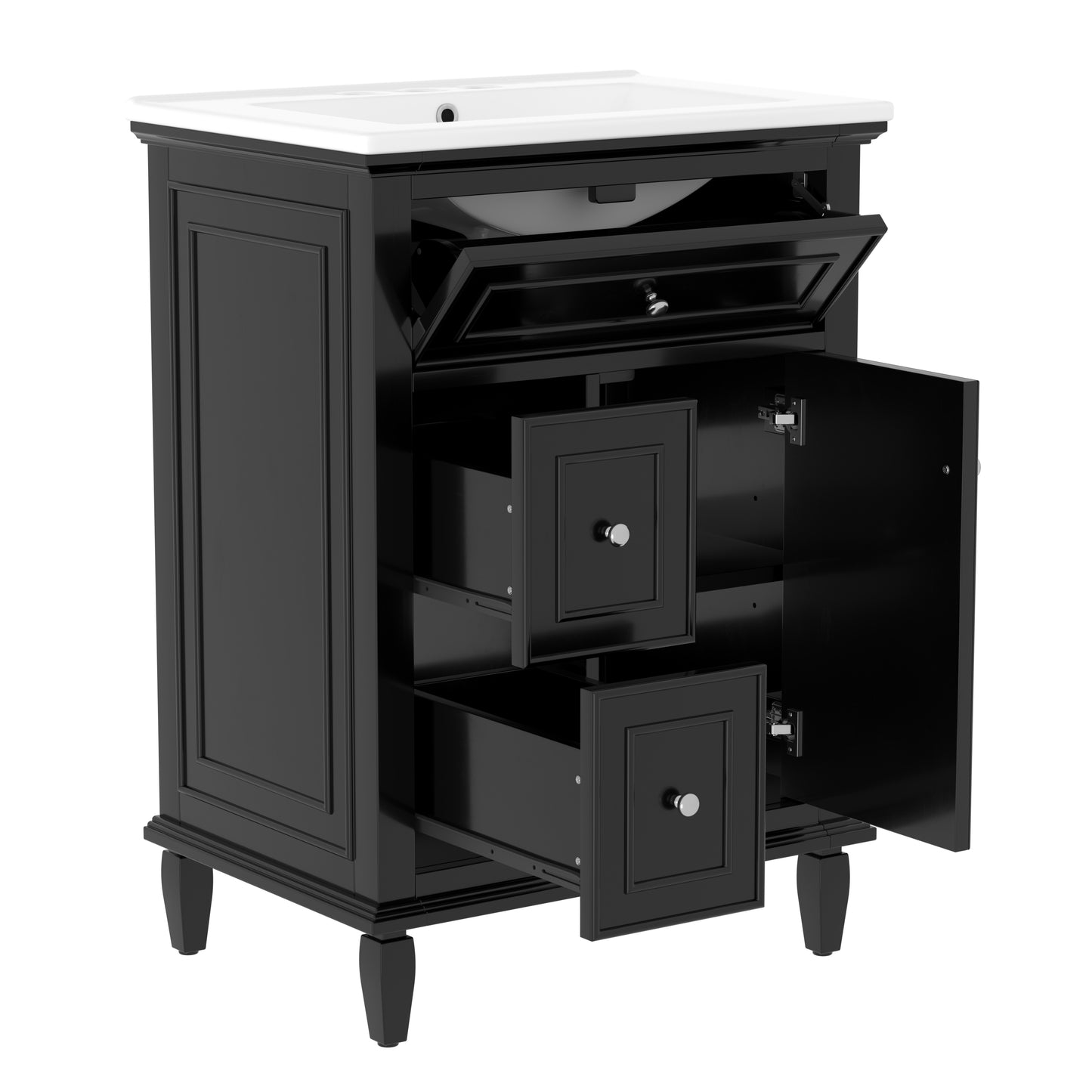 VanityFus 24-in Bathroom Vanity Black Single Sink Combo with Ceramic Top 1 Door 3 Drawers Adjustable Shelves