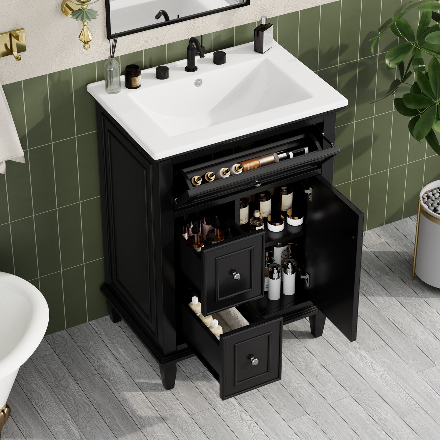 VanityFus 24-in Bathroom Vanity Black Single Sink Combo with Ceramic Top 1 Door 3 Drawers Adjustable Shelves