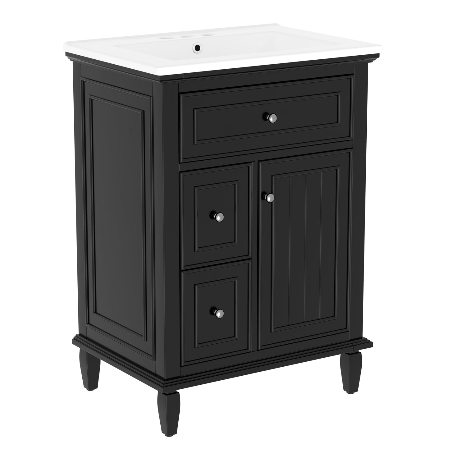 VanityFus 24-in Bathroom Vanity Black Single Sink Combo with Ceramic Top 1 Door 3 Drawers Adjustable Shelves