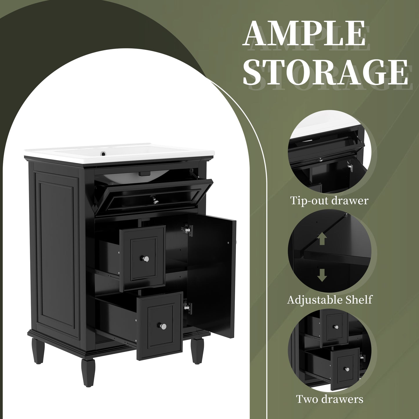 VanityFus 24-in Bathroom Vanity Black Single Sink Combo with Ceramic Top 1 Door 3 Drawers Adjustable Shelves