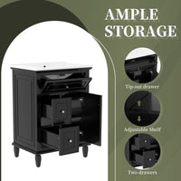 VanityFus 24-in Bathroom Vanity Black Single Sink Combo with Ceramic Top 1 Door 3 Drawers Adjustable Shelves