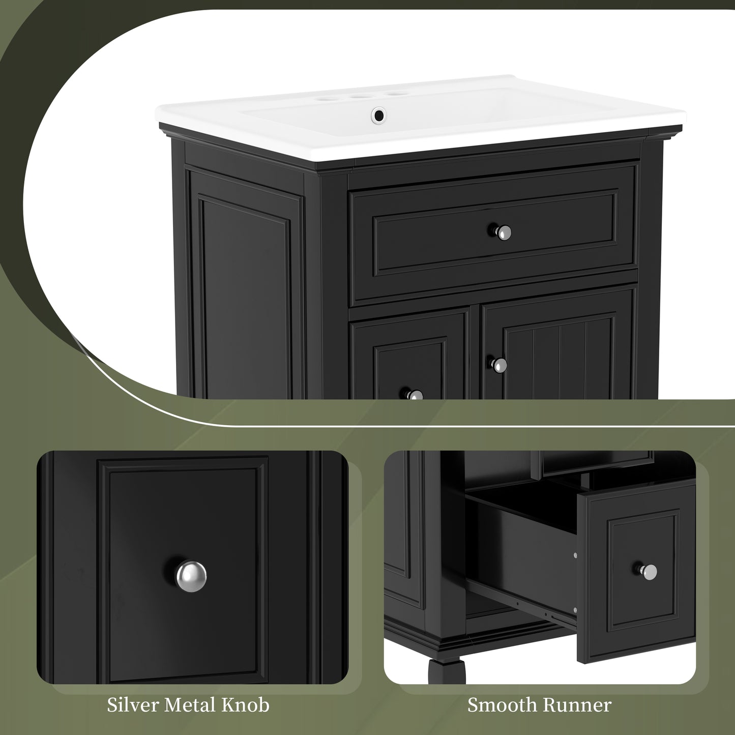 VanityFus 24-in Bathroom Vanity Black Single Sink Combo with Ceramic Top 1 Door 3 Drawers Adjustable Shelves