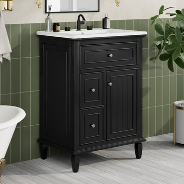 VanityFus 24-in Bathroom Vanity Black Single Sink Combo with Ceramic Top 1 Door 3 Drawers Adjustable Shelves