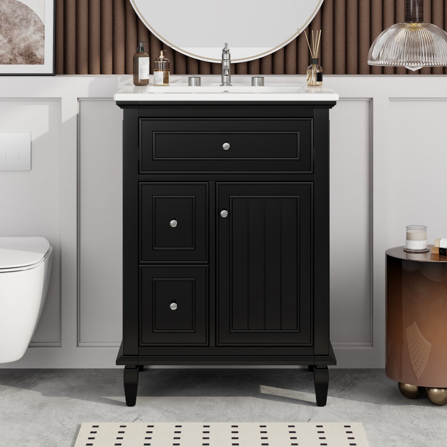 VanityFus 24-in Bathroom Vanity Black Single Sink Combo with Ceramic Top 1 Door 3 Drawers Adjustable Shelves
