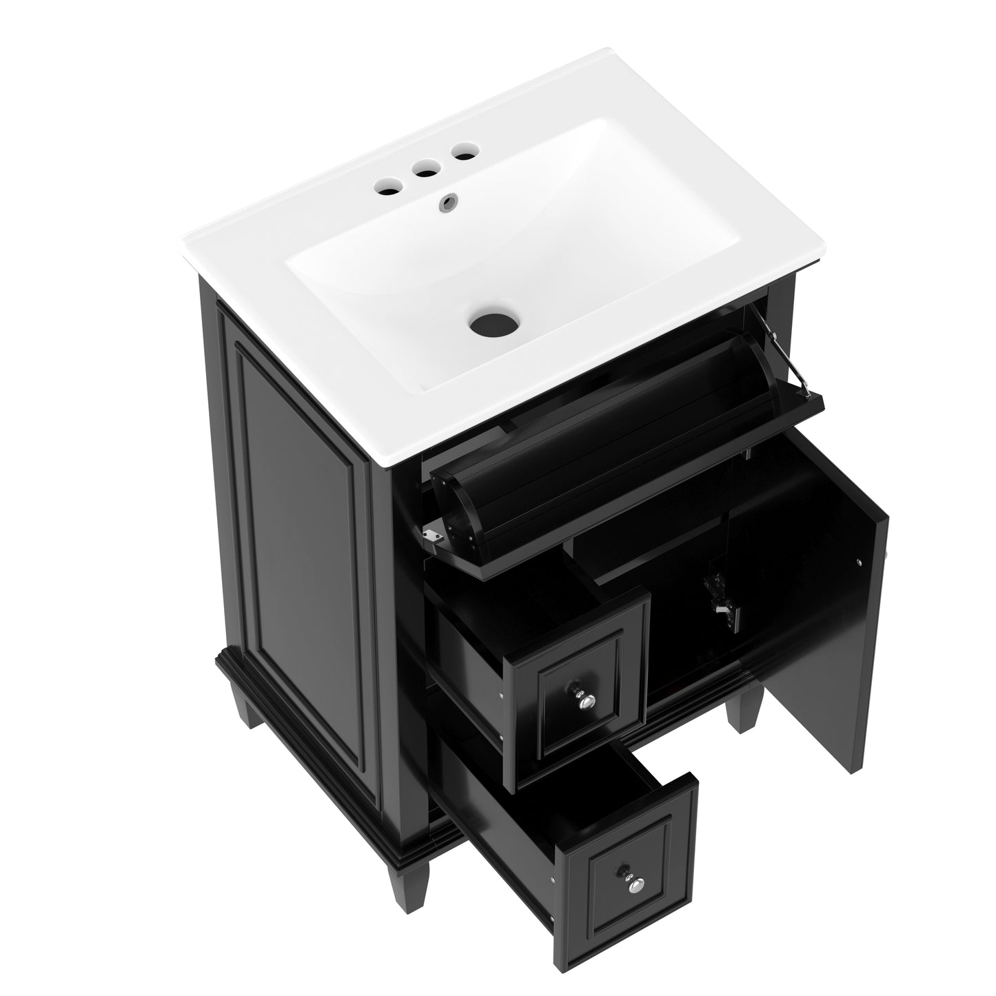VanityFus 24-in Bathroom Vanity Black Single Sink Combo with Ceramic Top 1 Door 3 Drawers Adjustable Shelves