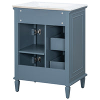 VanityFus 24-in Bathroom Vanity Blue Grey Single Sink Combo with Ceramic Top 1 Door 3 Drawers Adjustable Shelves