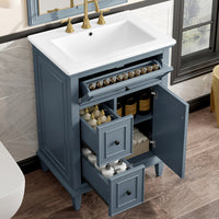 VanityFus 24-in Bathroom Vanity Blue Grey Single Sink Combo with Ceramic Top 1 Door 3 Drawers Adjustable Shelves