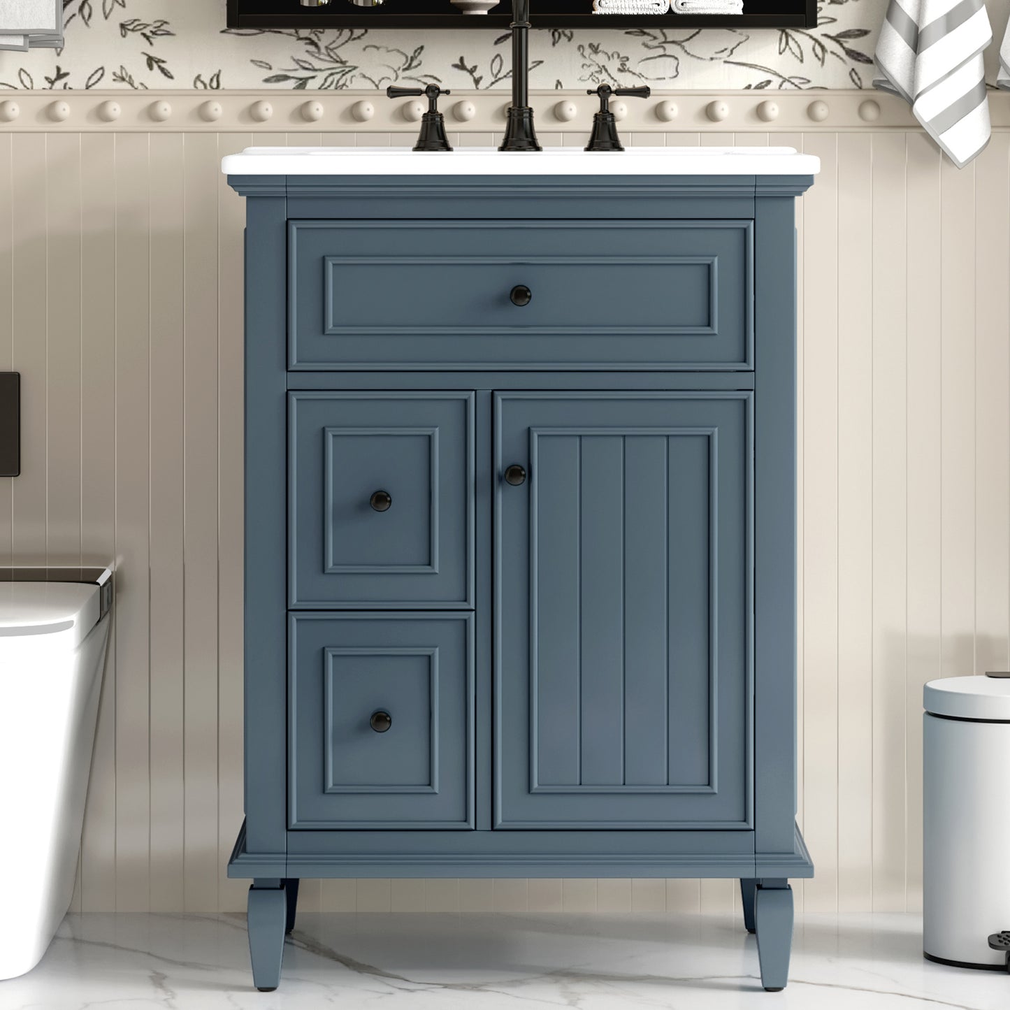 VanityFus 24-in Bathroom Vanity Blue Grey Single Sink Combo with Ceramic Top 1 Door 3 Drawers Adjustable Shelves