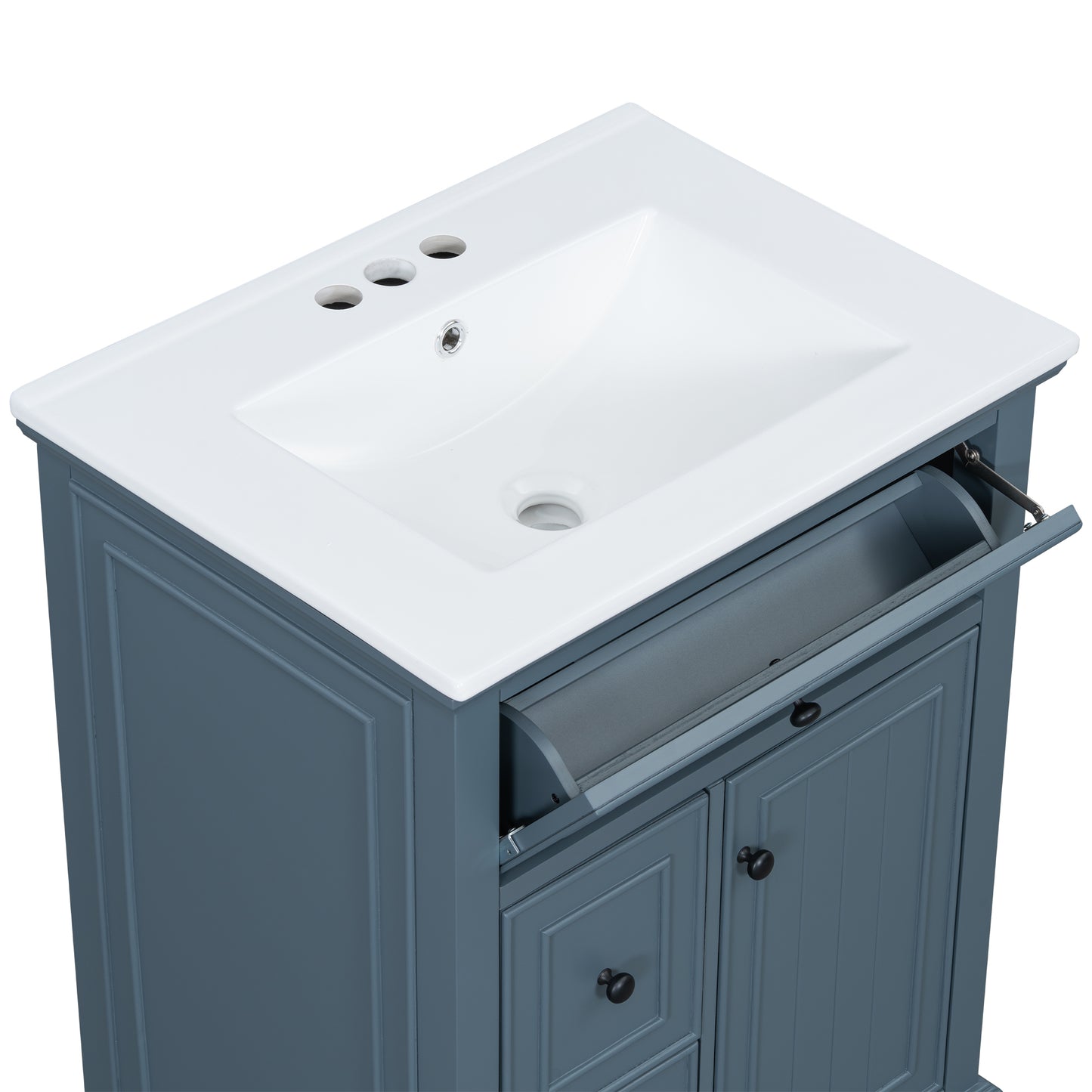VanityFus 24-in Bathroom Vanity Blue Grey Single Sink Combo with Ceramic Top 1 Door 3 Drawers Adjustable Shelves