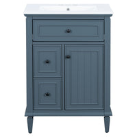 VanityFus 24-in Bathroom Vanity Blue Grey Single Sink Combo with Ceramic Top 1 Door 3 Drawers Adjustable Shelves