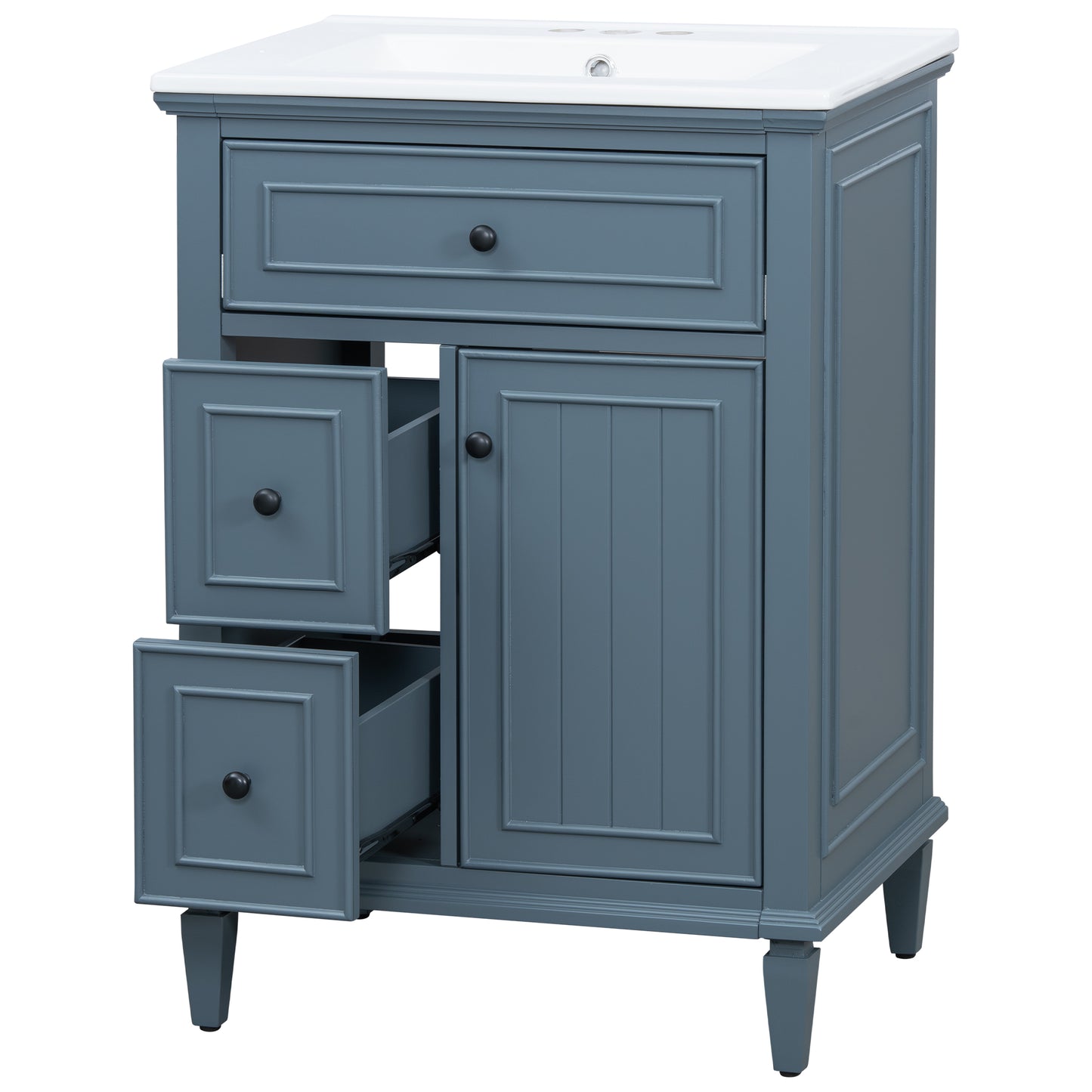 VanityFus 24-in Bathroom Vanity Blue Grey Single Sink Combo with Ceramic Top 1 Door 3 Drawers Adjustable Shelves