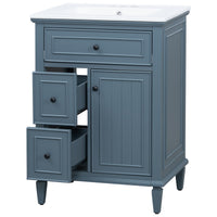 VanityFus 24-in Bathroom Vanity Blue Grey Single Sink Combo with Ceramic Top 1 Door 3 Drawers Adjustable Shelves