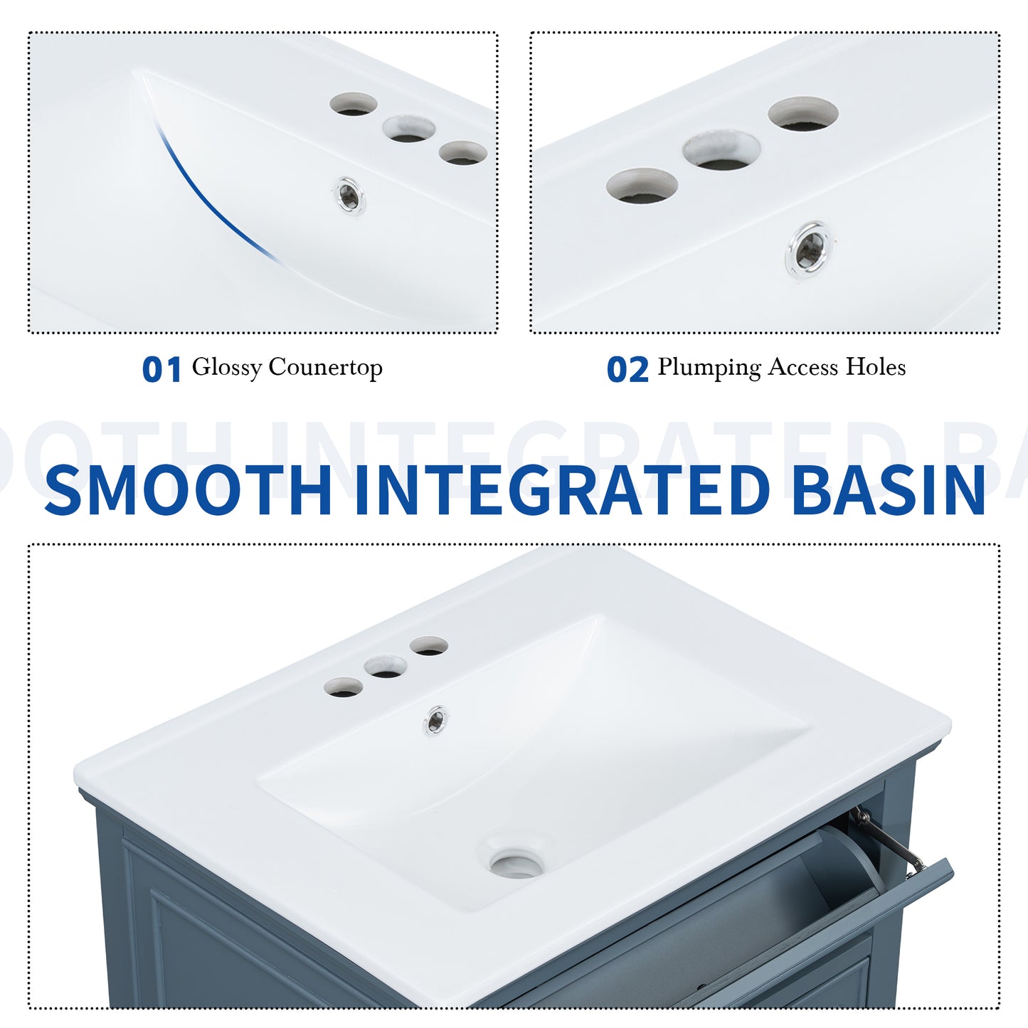 VanityFus 24-in Bathroom Vanity Blue Grey Single Sink Combo with Ceramic Top 1 Door 3 Drawers Adjustable Shelves