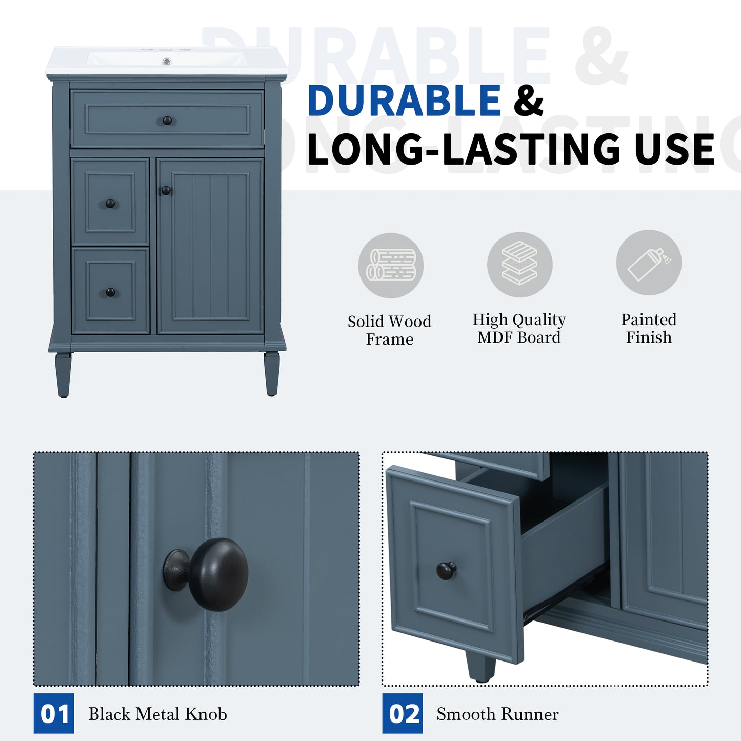 VanityFus 24-in Bathroom Vanity Blue Grey Single Sink Combo with Ceramic Top 1 Door 3 Drawers Adjustable Shelves