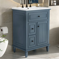 VanityFus 24-in Bathroom Vanity Blue Grey Single Sink Combo with Ceramic Top 1 Door 3 Drawers Adjustable Shelves