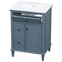 VanityFus 24-in Bathroom Vanity Blue Grey Single Sink Combo with Ceramic Top 1 Door 3 Drawers Adjustable Shelves