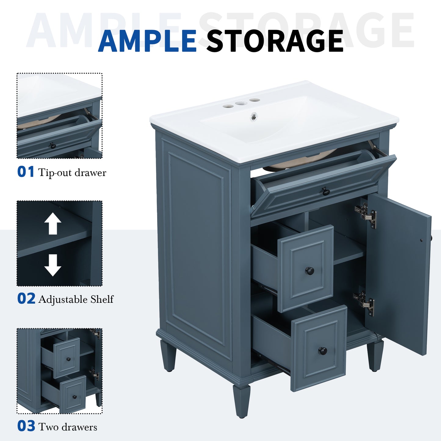 VanityFus 24-in Bathroom Vanity Blue Grey Single Sink Combo with Ceramic Top 1 Door 3 Drawers Adjustable Shelves