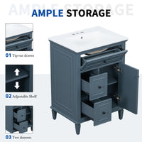 VanityFus 24-in Bathroom Vanity Blue Grey Single Sink Combo with Ceramic Top 1 Door 3 Drawers Adjustable Shelves
