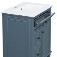 VanityFus 24-in Bathroom Vanity Blue Grey Single Sink Combo with Ceramic Top 1 Door 3 Drawers Adjustable Shelves
