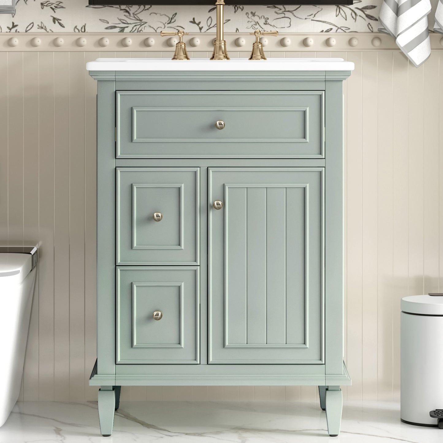 VanityFus 24-in Bathroom Vanity Green Single Sink Combo with Ceramic Top 1 Door 3 Drawers Adjustable Shelves
