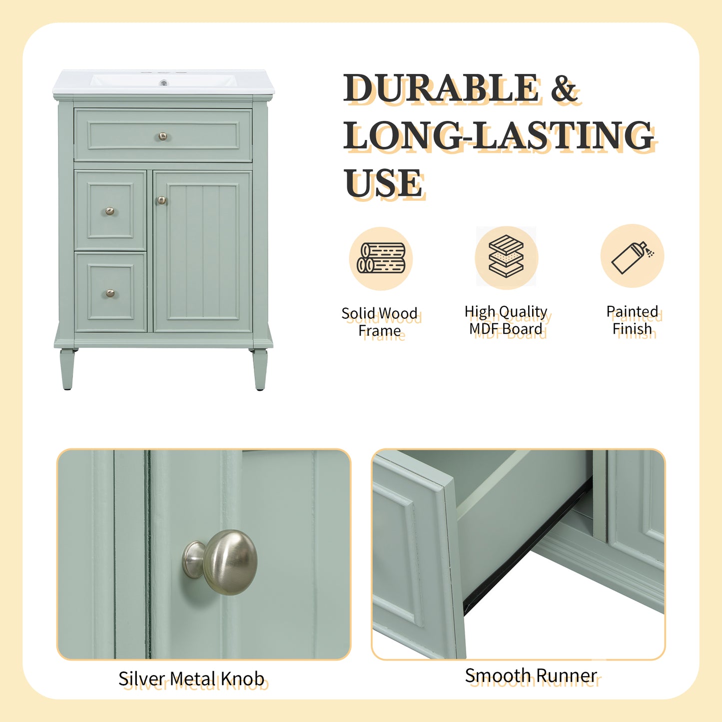 VanityFus 24-in Bathroom Vanity Green Single Sink Combo with Ceramic Top 1 Door 3 Drawers Adjustable Shelves